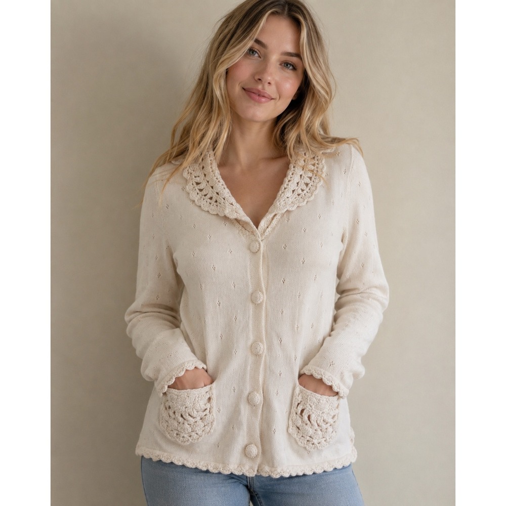 Banana Republic Cream Cotton Angora Crochet Collar Pointelle Cardigan Sweater S
